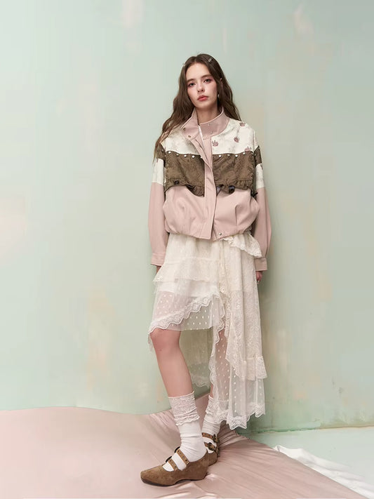 Vintage Sweet Cool Rivet Accent Jacquard Ruffle Cropped Jacket