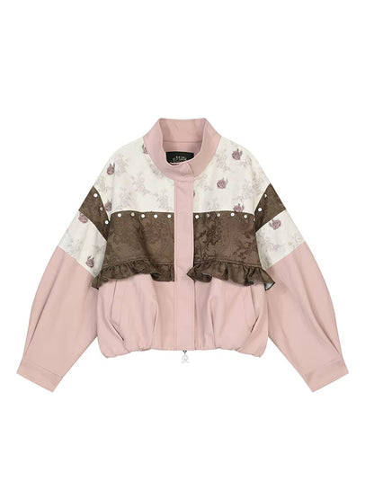 Vintage Sweet Cool Rivet Accent Jacquard Ruffle Cropped Jacket