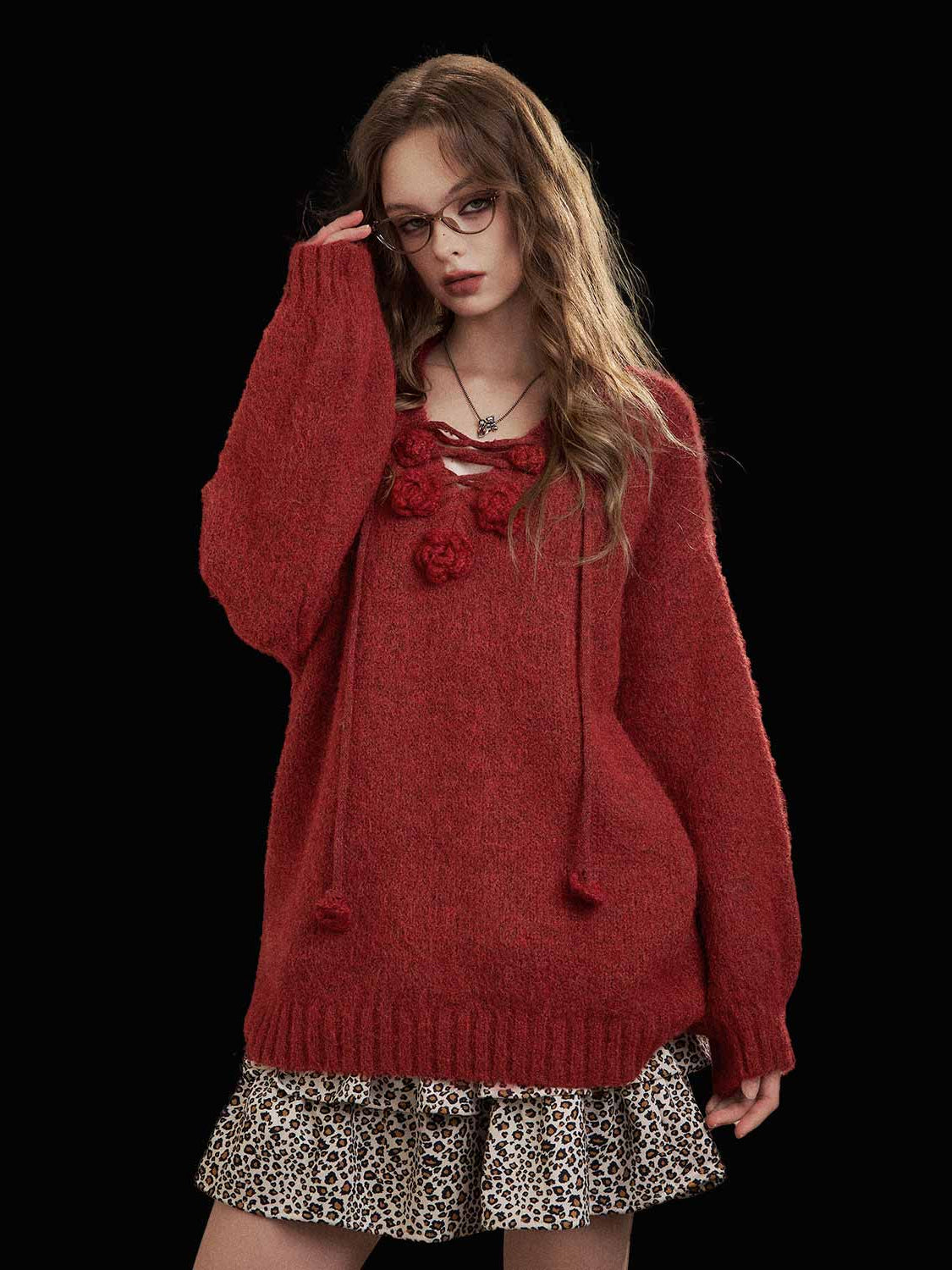 Soft Knit 3D Floral Embroidered Relaxed Fit Sweater
