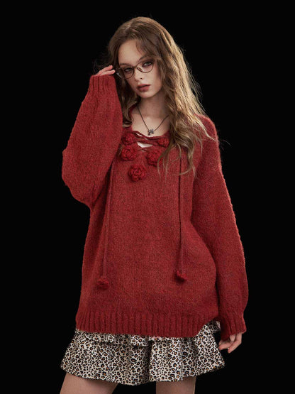 Soft Knit 3D Floral Embroidered Relaxed Fit Sweater