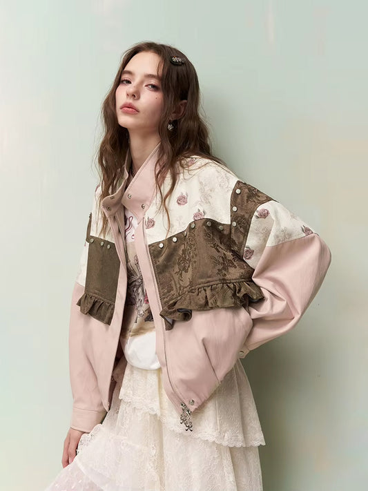 Vintage Sweet Cool Rivet Accent Jacquard Ruffle Cropped Jacket