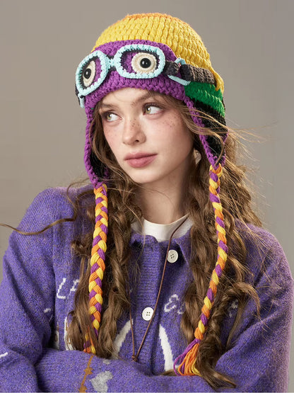 Color-Block Crochet Beanie – Goggle-Style Ear Flap Knit Hat