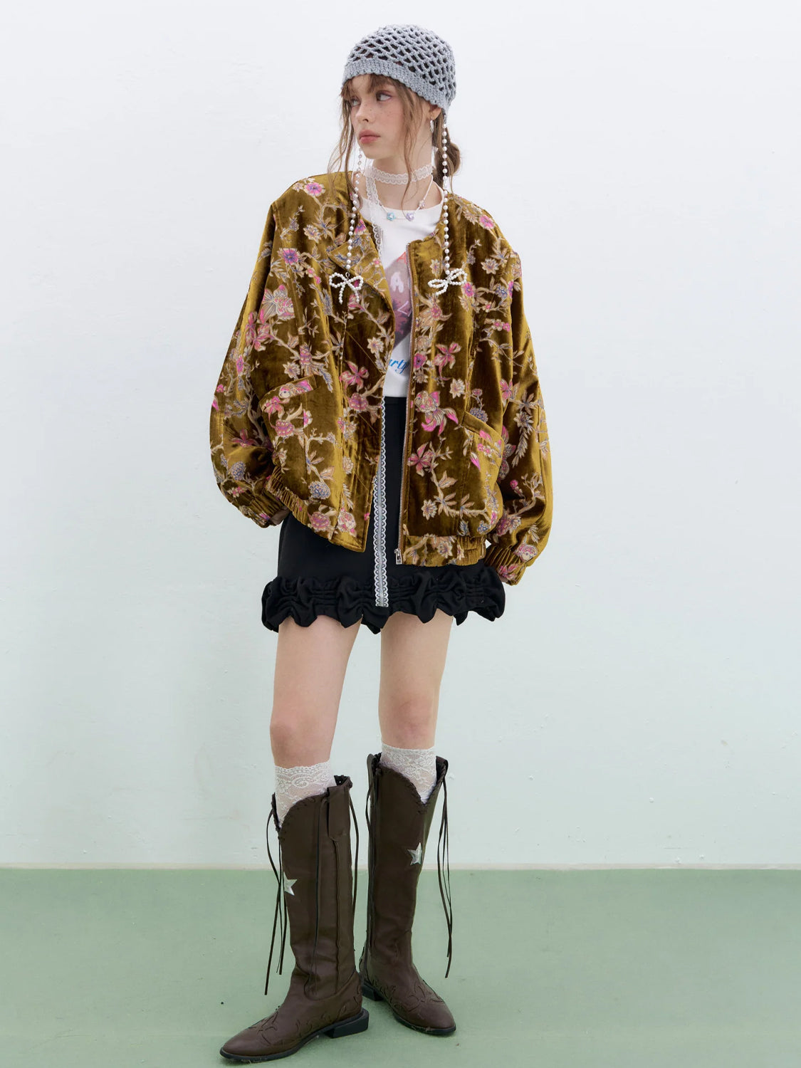 Vintage Floral Embroidered Velvet Zip Up Bomber Jacket