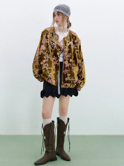 Vintage Floral Embroidered Velvet Zip Up Bomber Jacket