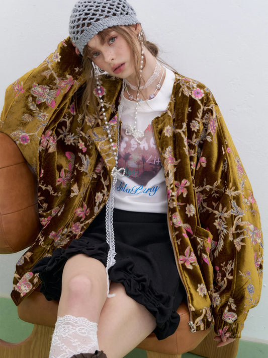 Vintage Floral Embroidered Velvet Zip Up Bomber Jacket