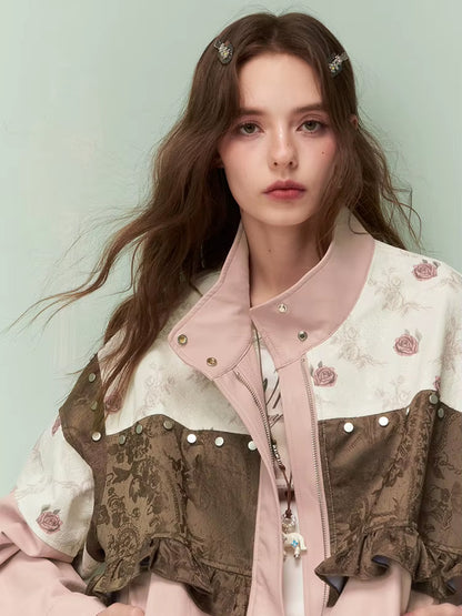 Vintage Sweet Cool Rivet Accent Jacquard Ruffle Cropped Jacket