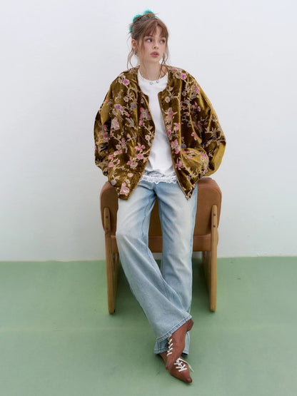 Vintage Floral Embroidered Velvet Zip Up Bomber Jacket