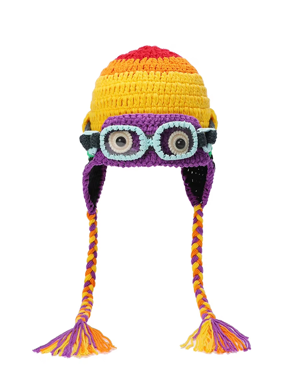 Color-Block Crochet Beanie – Goggle-Style Ear Flap Knit Hat