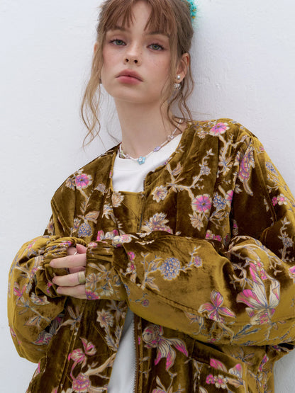 Vintage Floral Embroidered Velvet Zip Up Bomber Jacket
