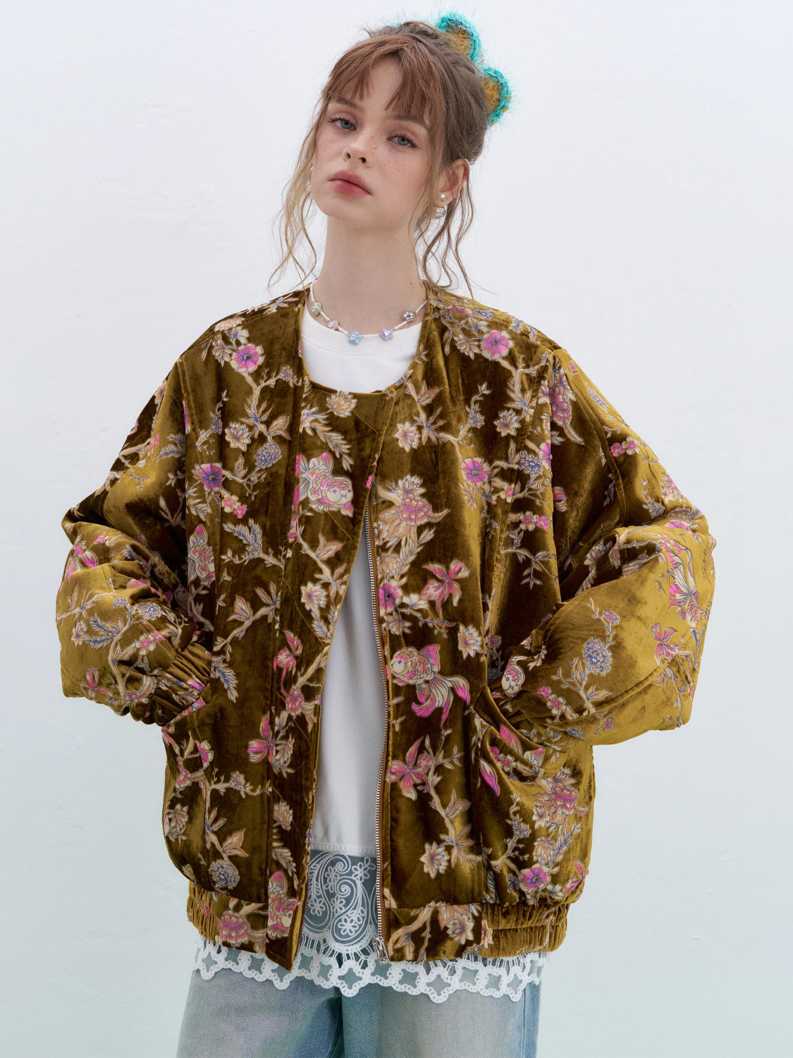 Vintage Floral Embroidered Velvet Zip Up Bomber Jacket