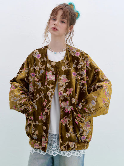 Vintage Floral Embroidered Velvet Zip Up Bomber Jacket