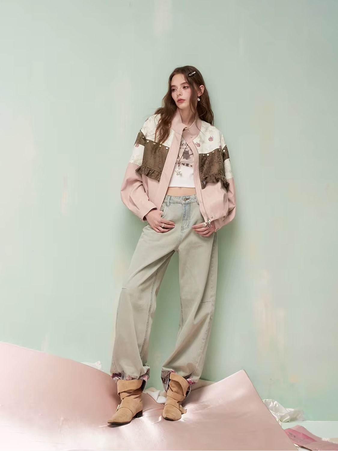 Vintage Sweet Cool Rivet Accent Jacquard Ruffle Cropped Jacket