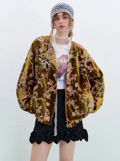 Vintage Floral Embroidered Velvet Zip Up Bomber Jacket