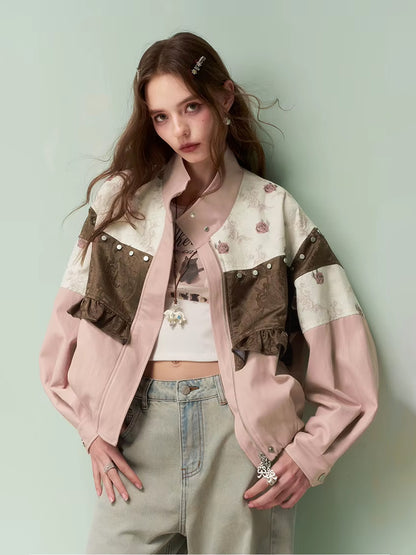 Vintage Sweet Cool Rivet Accent Jacquard Ruffle Cropped Jacket