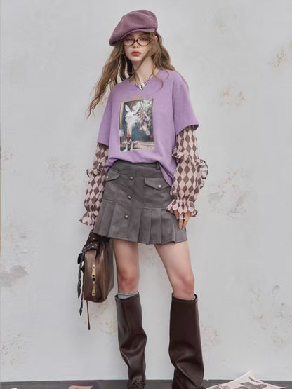Y2K Cotton Drop Shoulder Faux Layered Graphic Print T-Shirt